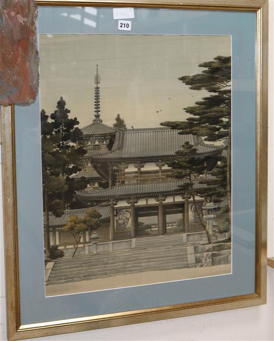 A Japanese painting of a temple circa 1920s 59cm high x 48cm wide